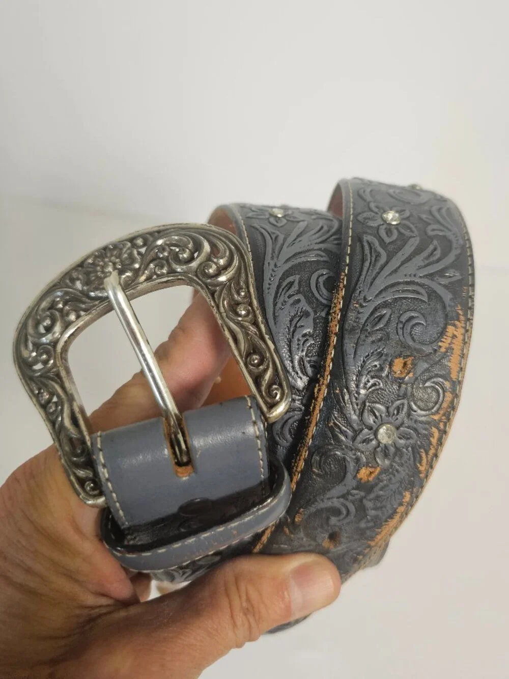 Tony Lama Belt Leather Western Floral Tooled Blue Boho 38